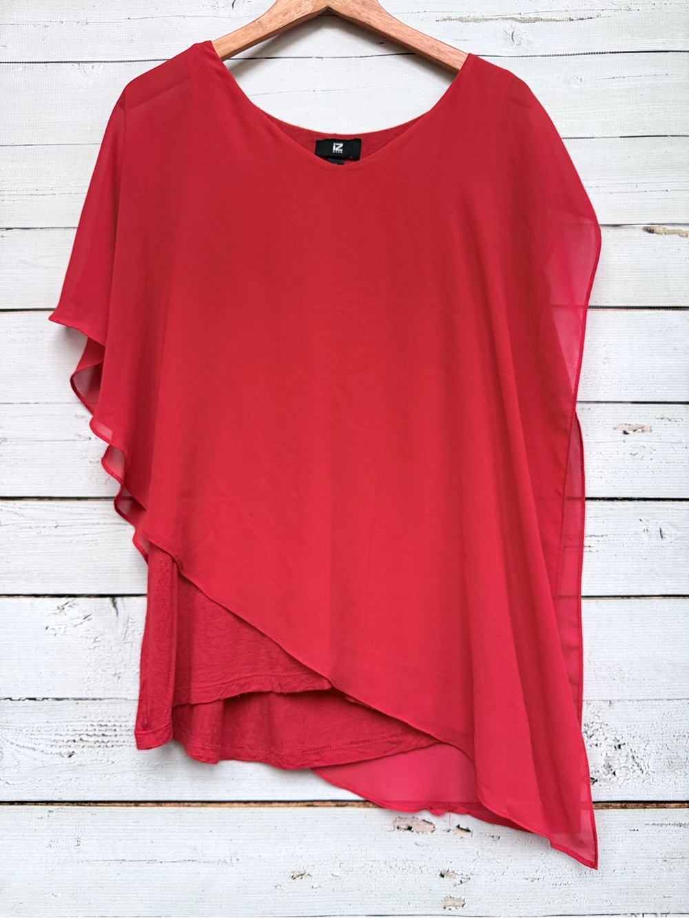 Iz Byer Coral-Red Layered Asymmetrical Chiffon Top - Picture 2 of 5